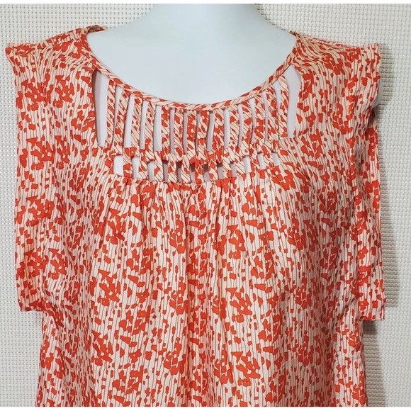 LOEFFLER RANDALL 100% SILK SLEEVELESS KIMONO BLOUSE IN ORANGE & IVORY - SIZE 6 - Picture 4 of 12